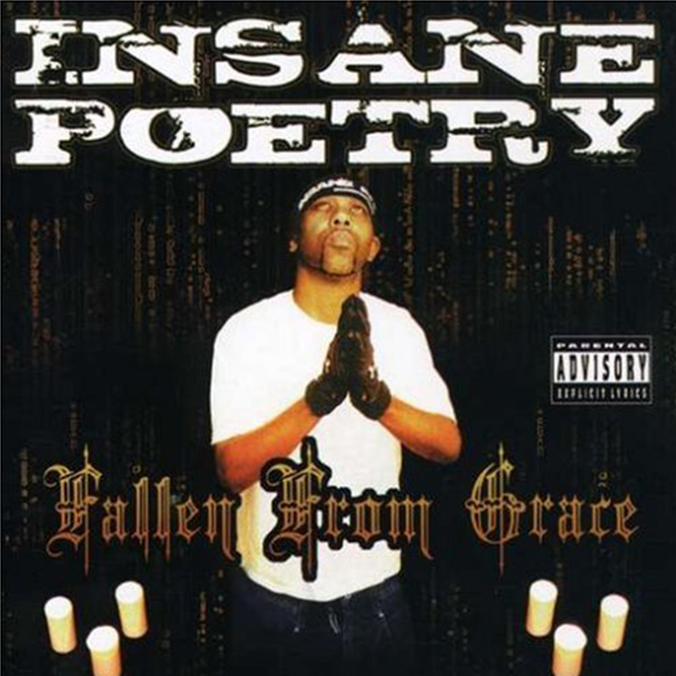 Fallen From Grace album hero artwork featuring Insane Poetry with gothic lettering, candles, and dark horrorcore imagery.