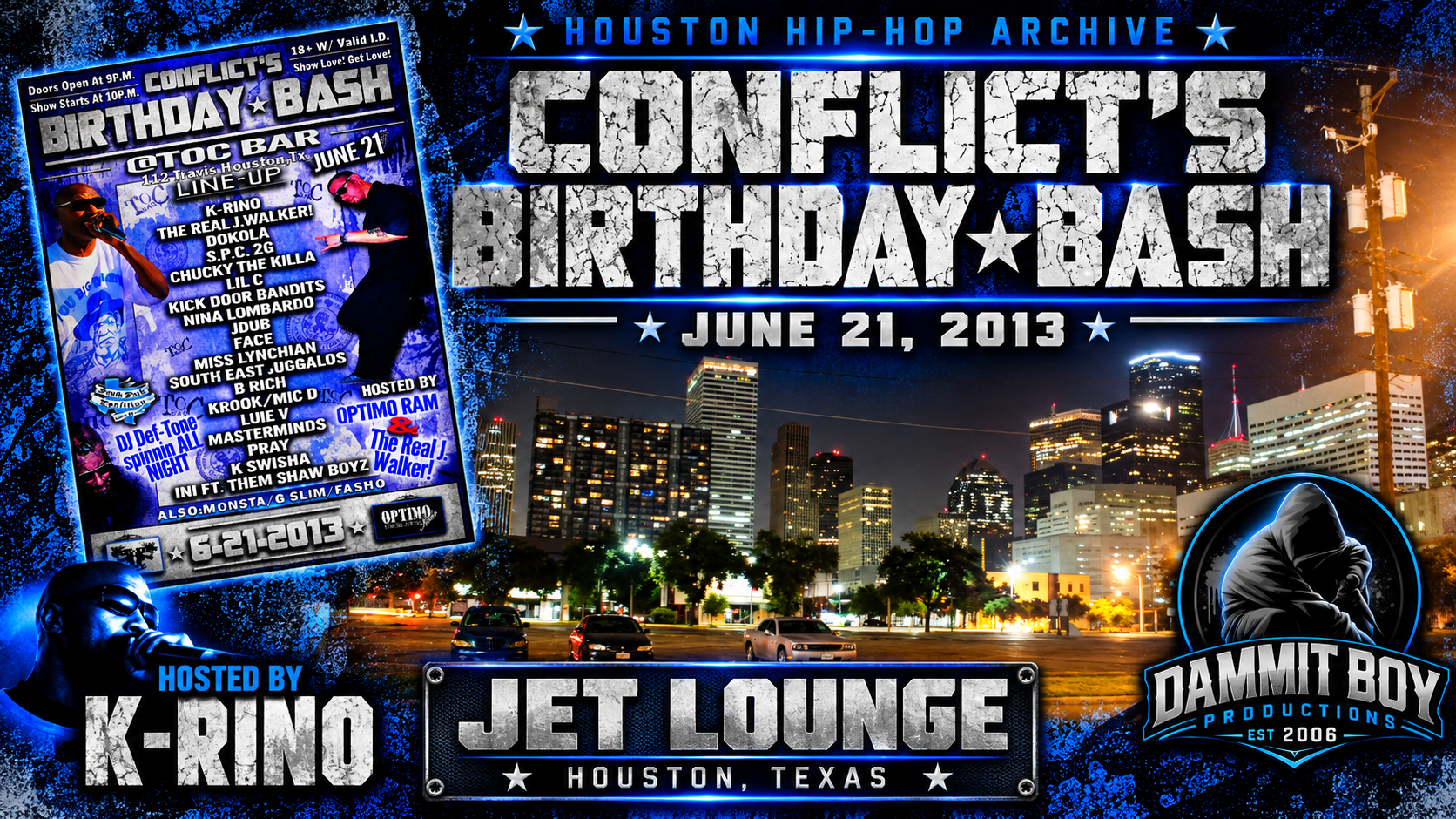 Conflict's Birthday Bash 2013 video thumbnail showing Houston skyline photography, Jet Lounge, and host K-Rino.