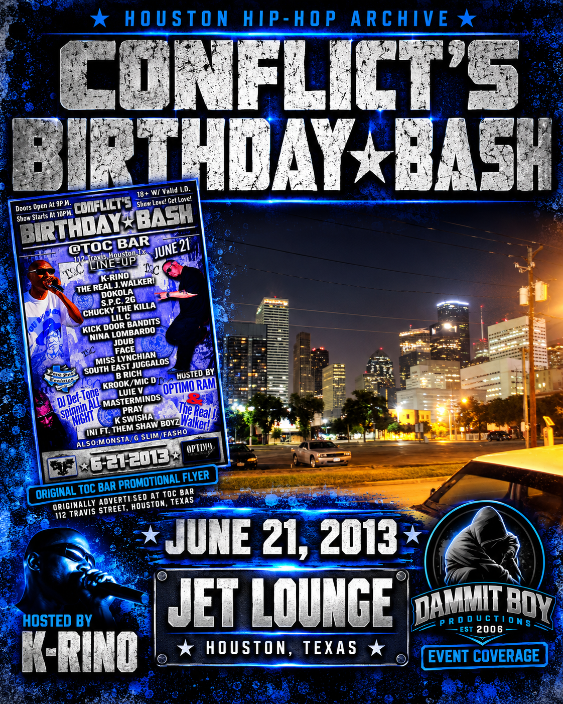 Vertical event poster for Conflict's Birthday Bash 2013 at Jet Lounge in Houston, Texas, hosted by K-Rino.