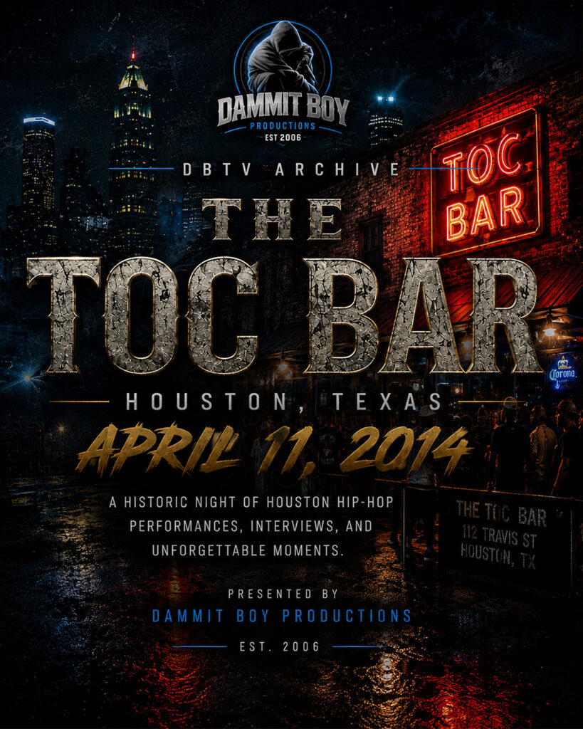The Toc Bar Houston event flyer for April 11, 2014 featuring Wickett Crickett and DBTV coverage.