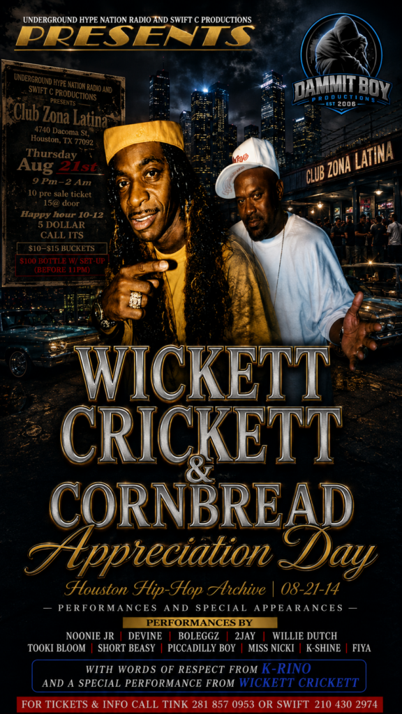 Wickett Crickett & Cornbread Appreciation Day event flyer held August 21, 2014 at Club Zona Latina in Houston, Texas