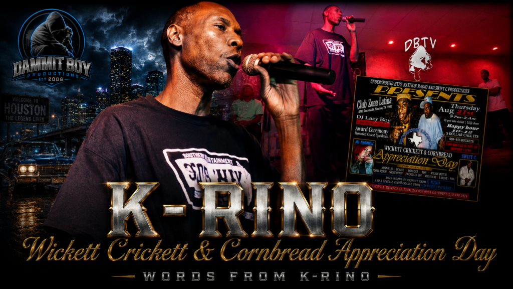 K-Rino speaking during Wickett Crickett & Cornbread Appreciation Day at Club Zona Latina in Houston, Texas on August 21, 2014.