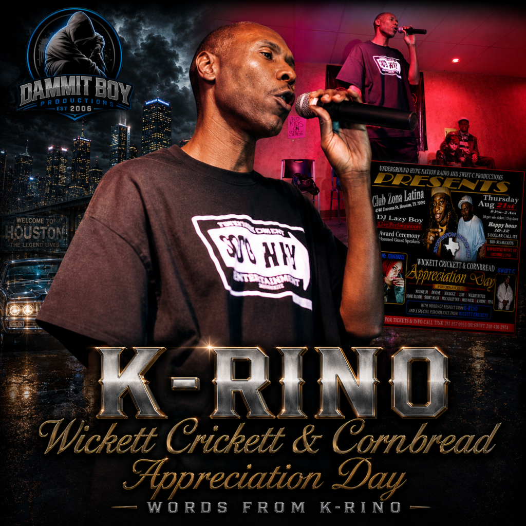 K-Rino speaking during Wickett Crickett & Cornbread Appreciation Day at Club Zona Latina in Houston, Texas on August 21, 2014.