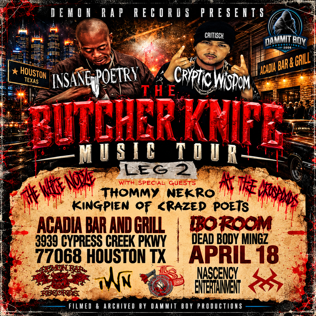 Butcher Knife Music Tour 2 Houston 2015 concert artwork featuring Insane Poetry and Cryptic Wisdom