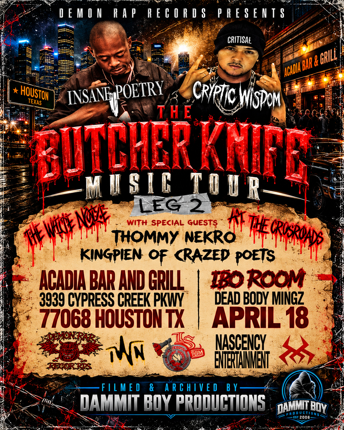 Butcher Knife Music Tour 2 Houston Texas 2015 vertical concert poster featuring Insane Poetry and Cryptic Wisdom