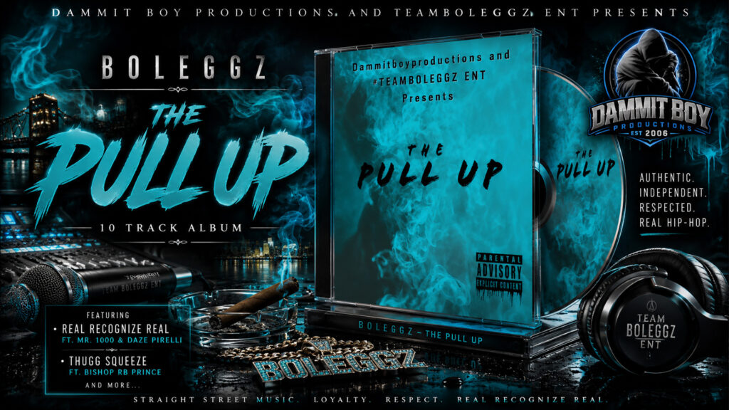 The Pull Up album cover by Boleggz featuring teal smoke artwork released through Dammit Boy Productions and #TeamBoleggz ENT.