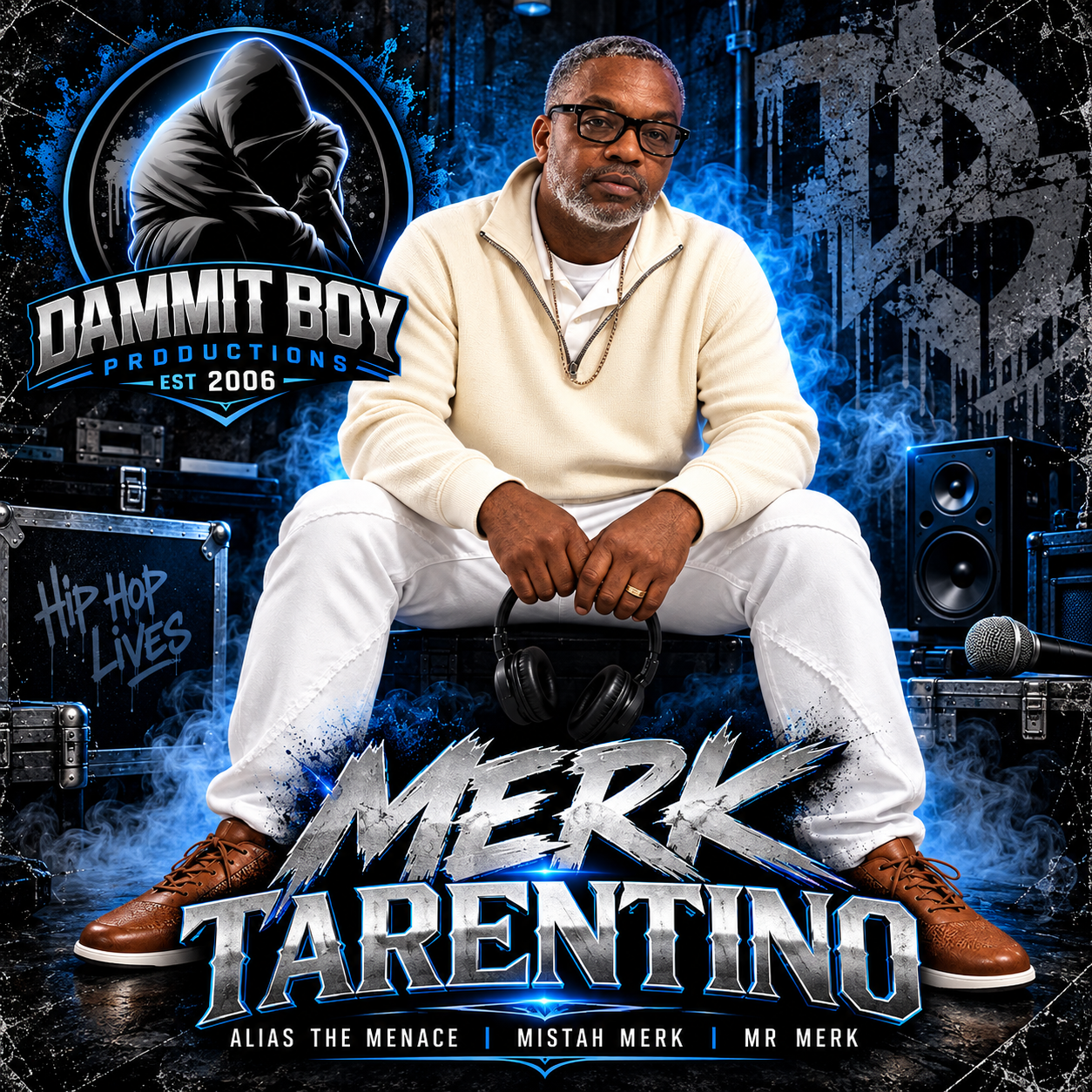 Merk Tarentino seated in white clothing on his Dammit Boy Productions artist cover with blue hip-hop graphics and the official DBP emblem.
