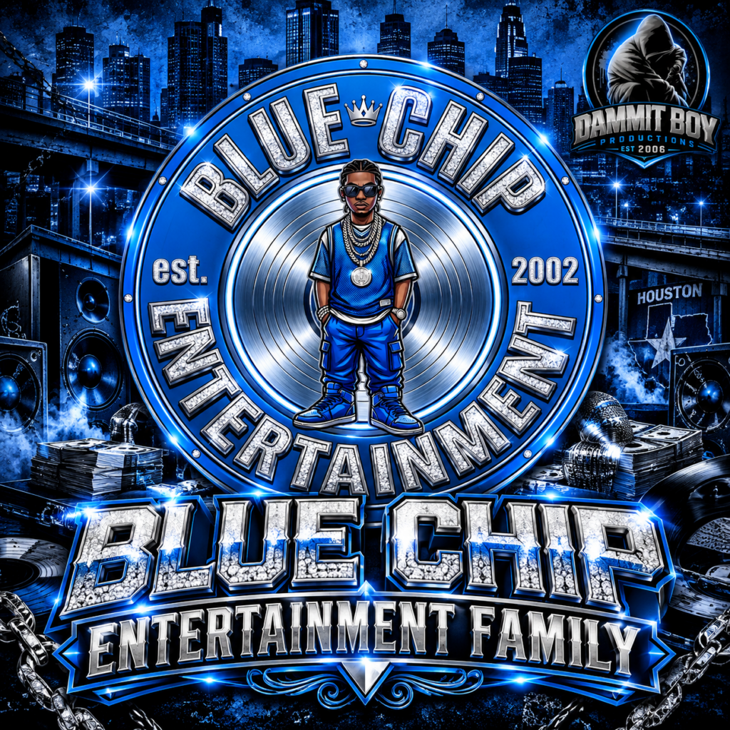 Blue Chip Entertainment Family artist cover featuring the official Blue Chip logo, blue and silver hip-hop artwork, and Dammit Boy Productions emblem.