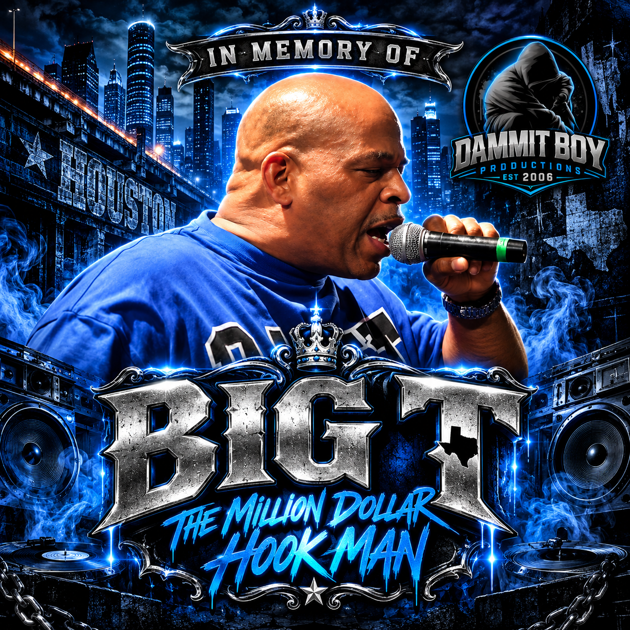 Memorial artist profile artwork for Houston rapper and singer Big T, The Million Dollar Hook Man, on Dammit Boy Productions.