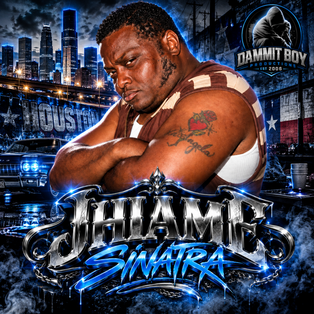Jhiame Sinatra artist profile artwork featuring a cinematic Houston Third Coast backdrop for Dammit Boy Productions.