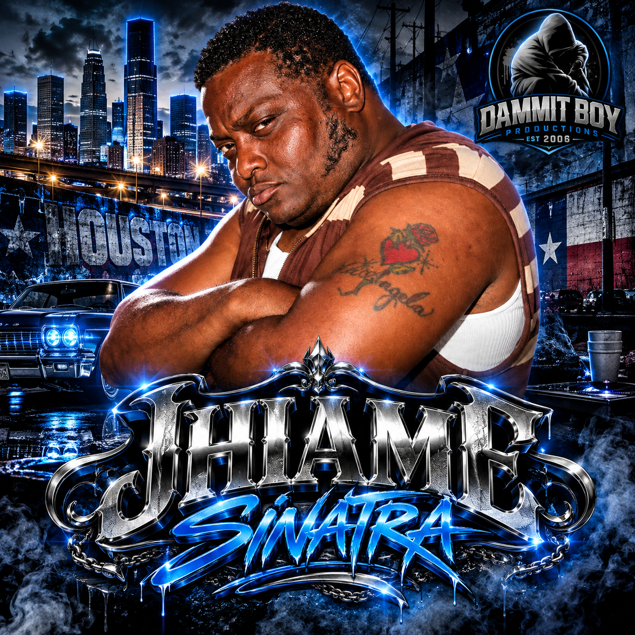 Jhiame Sinatra artist profile artwork featuring a cinematic Houston Third Coast backdrop for Dammit Boy Productions.