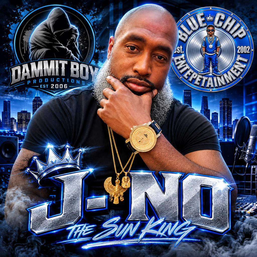 J-No the Sun King, Blue Chip Entertainment artist Jeremy Norris, featured in his official Dammit Boy Productions artist profile artwork.