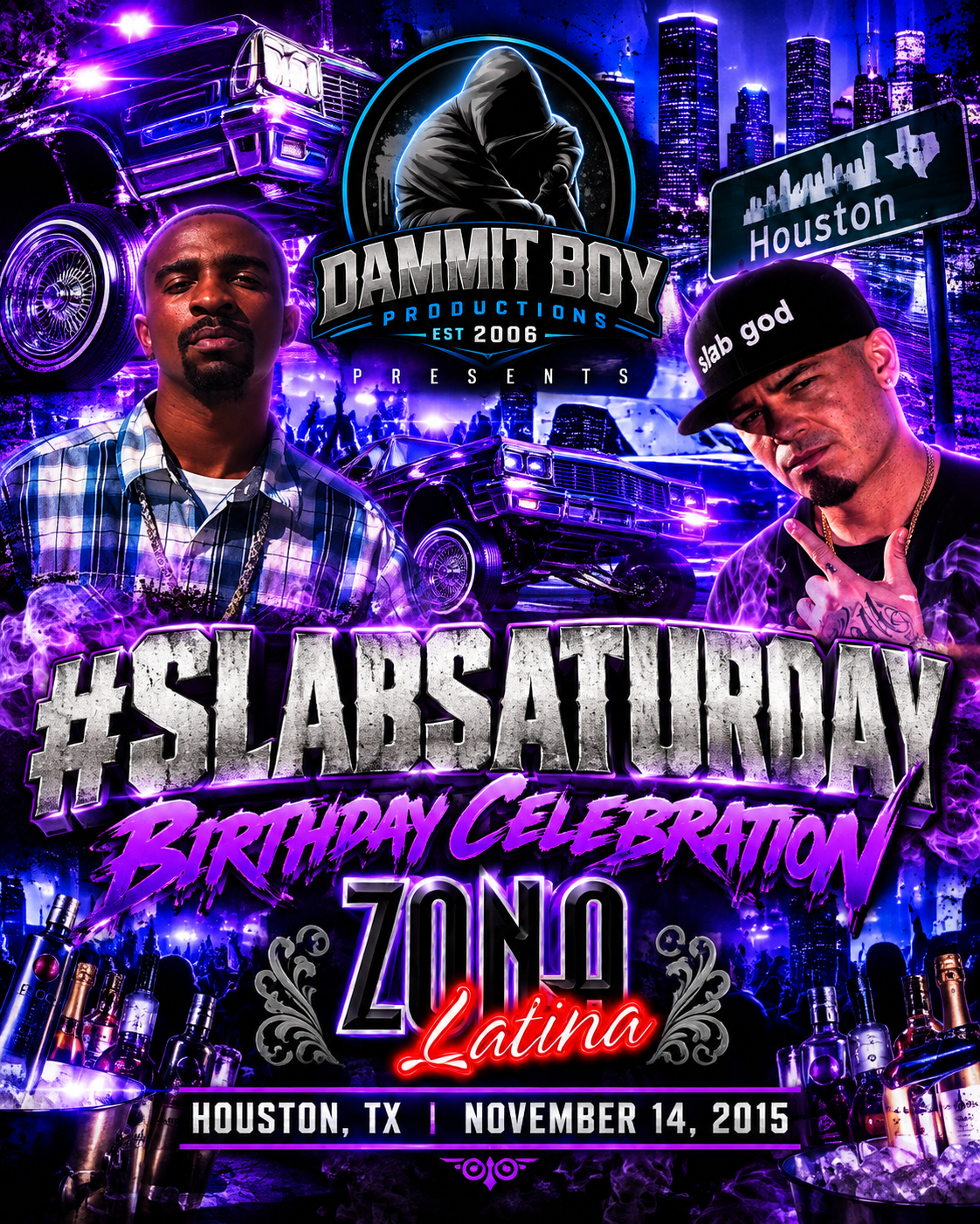 Vertical poster for the SlabSaturday Birthday Celebration at Zona Latina Houston